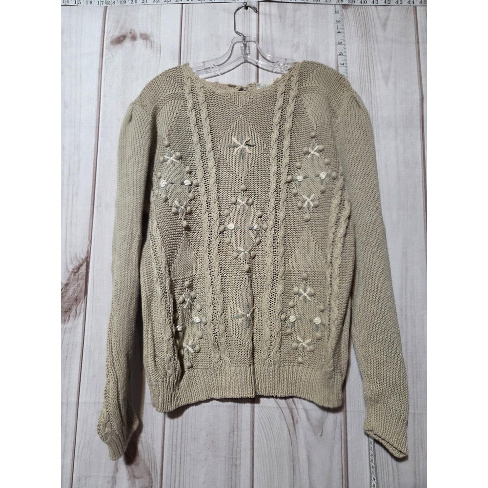 Colleen's Collectables Sweater Womens Large‎ Tan Ramie Blend Cable Knit Pullover
